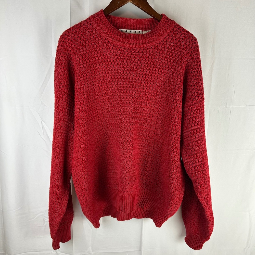 BASIX MANSON Red Textured Knit Sweater‎ XL Ramie Cotton Blend Crew Neck